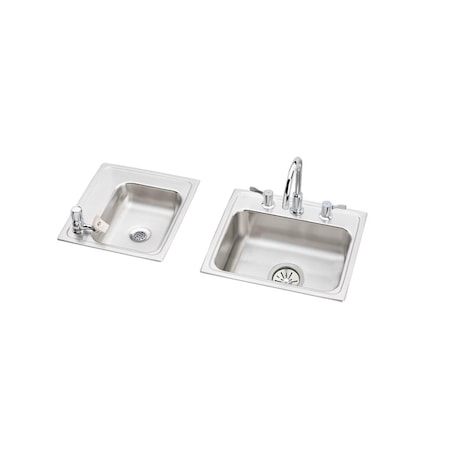Elkay Lustertone Stainless Steel 34 X 17 X 5 Double Bowl Top Mount Classroom Ada Sink + Faucet/Bubbler Kit DRKAD2341750LC